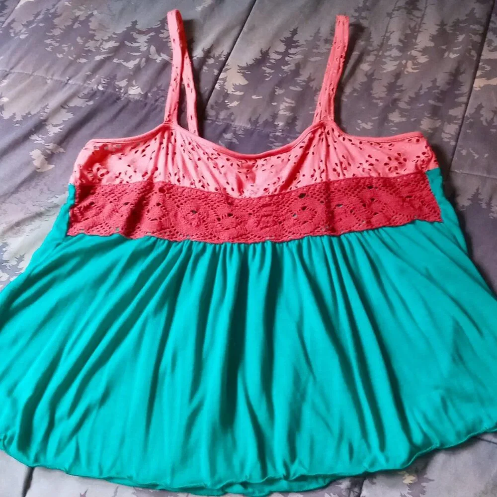 RARE Vintage Sparkle & Fade Turquoise/Pink Eyelet Crochet Women's Summer Top - Picture 4 of 12